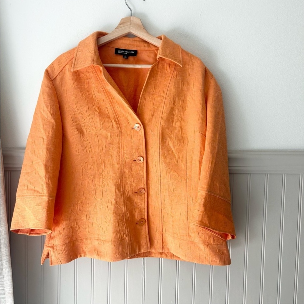 Jones New York Size 16 Orange Textured Button Down Shirt Blazer Top